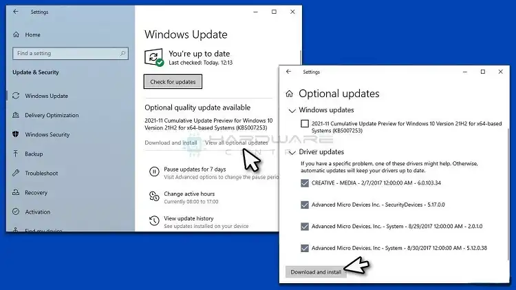 Update drivers from Windows Update settings